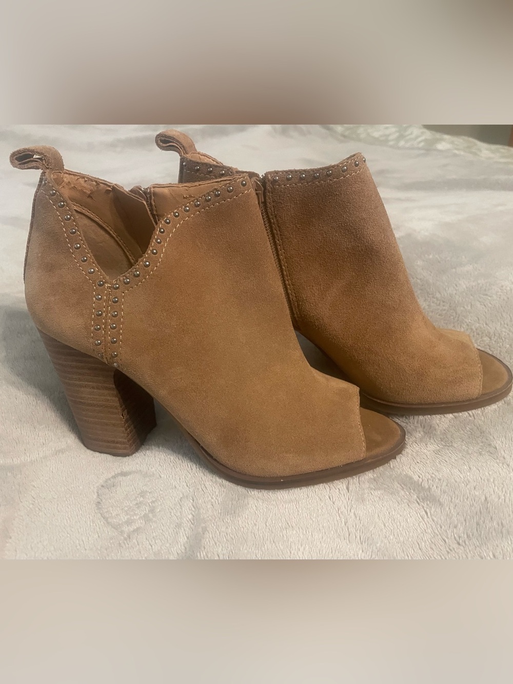 Lucky Brand Suede Open-Toe Studded Block Heel Booties - Tan Brown